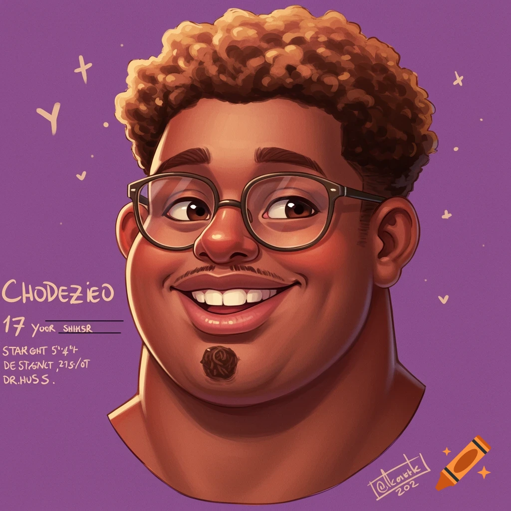 Cartoon portrait of a young Black man with curly hair and glasses, smiling against a purple background.