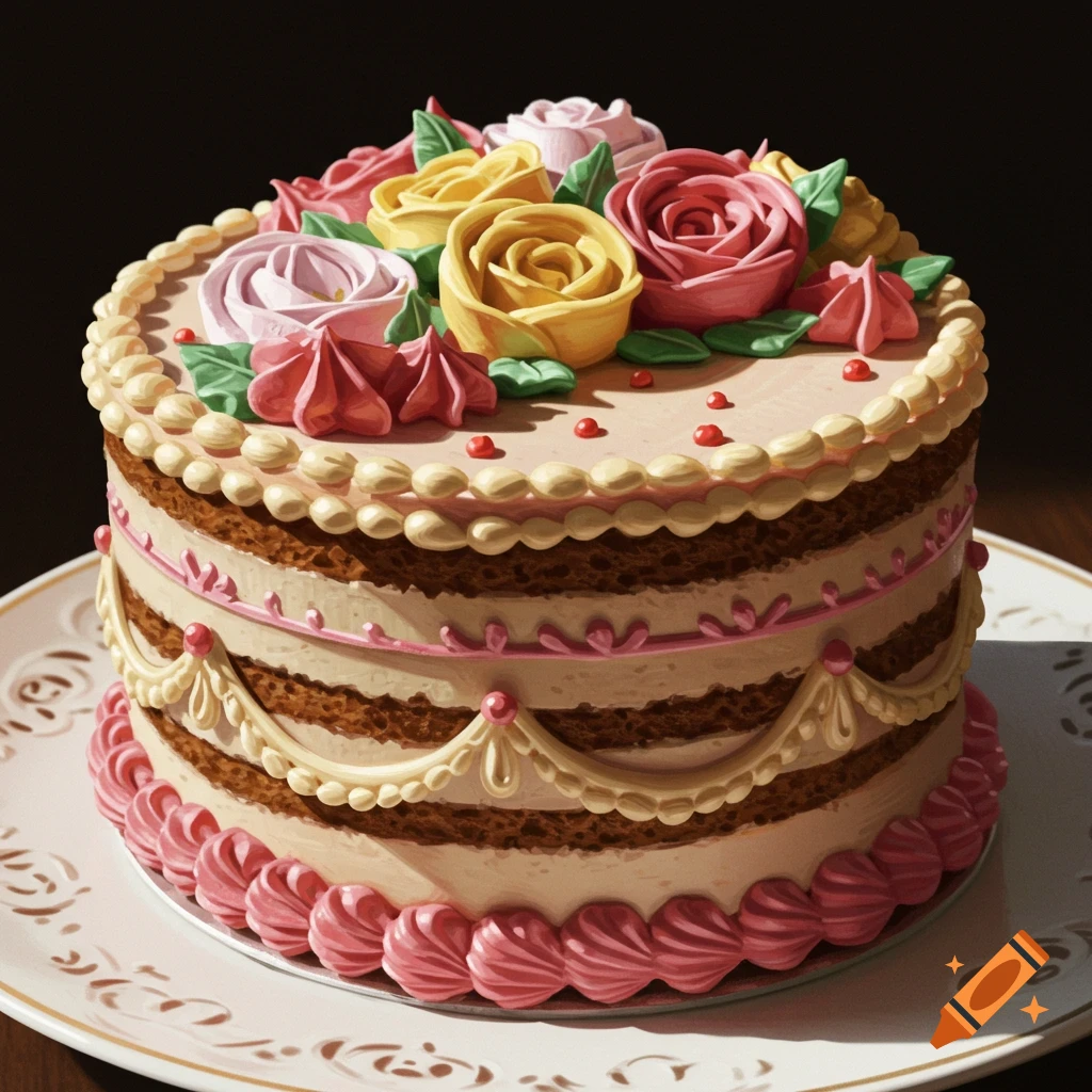 A decorative cake with multi-colored frosting roses and detailed icing patterns.