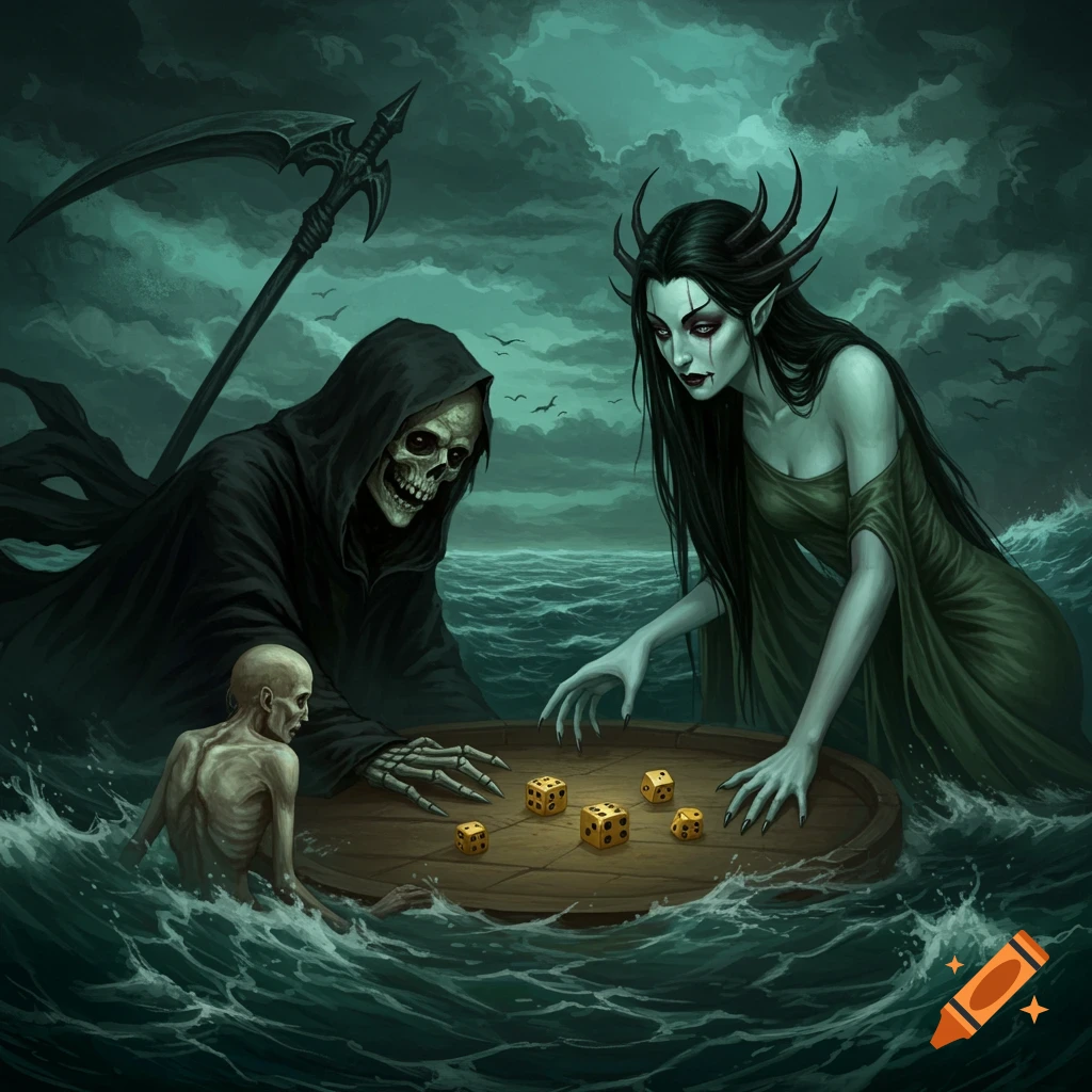 Dark fantasy illustration of the skeleton figure of Death and a pale woman with horns playing dice on a barrel in a stormy sea, with a drowning person nearby.