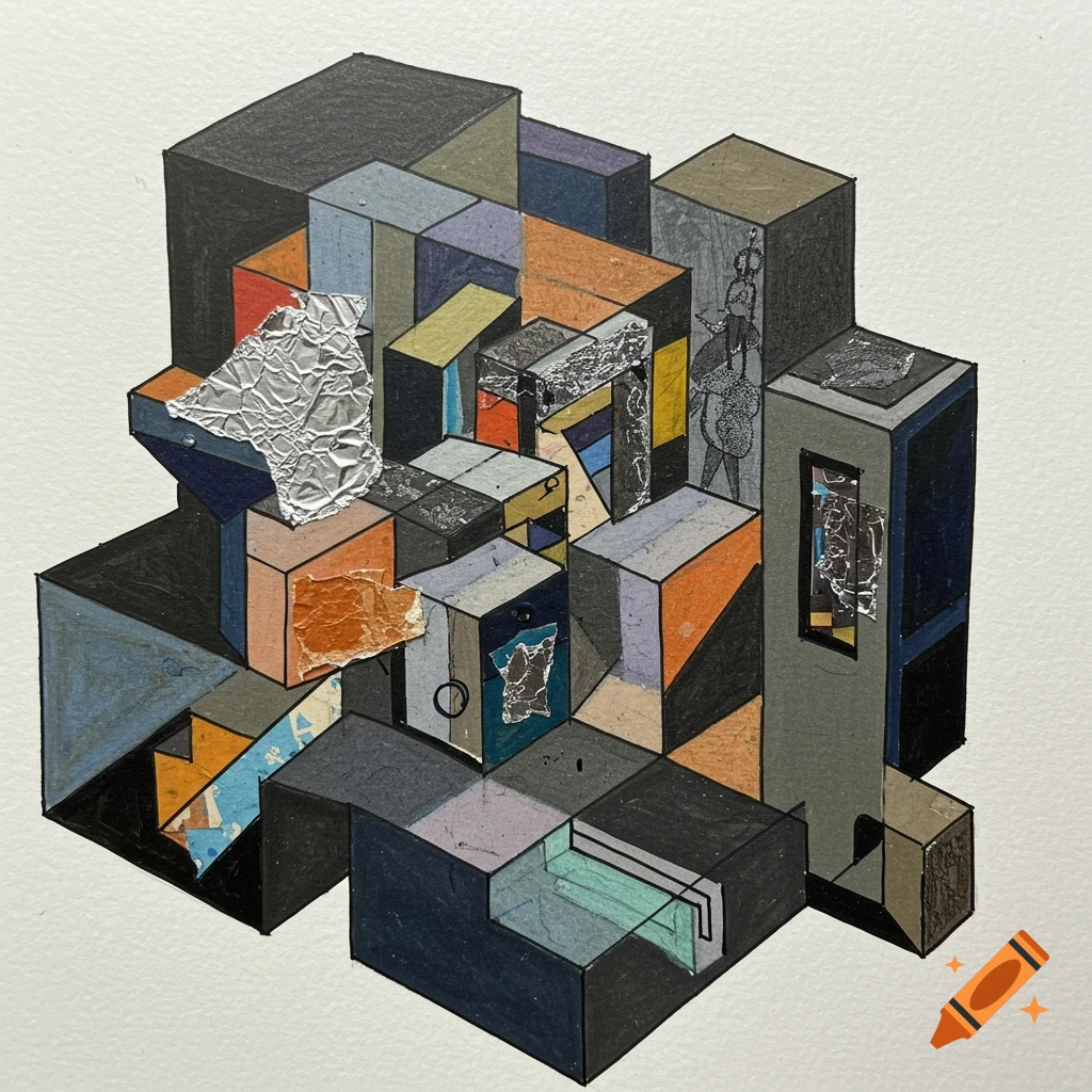 A cubist drawing of geometric shapes with collage elements, using multiple materials.