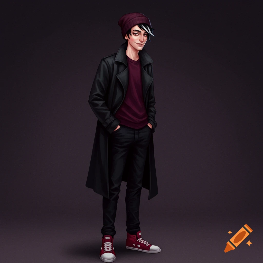 An illustration of a young man with a white stripe in his hair, wearing a maroon beanie, black trench coat, and red sneakers, smirking with hands in his pockets.