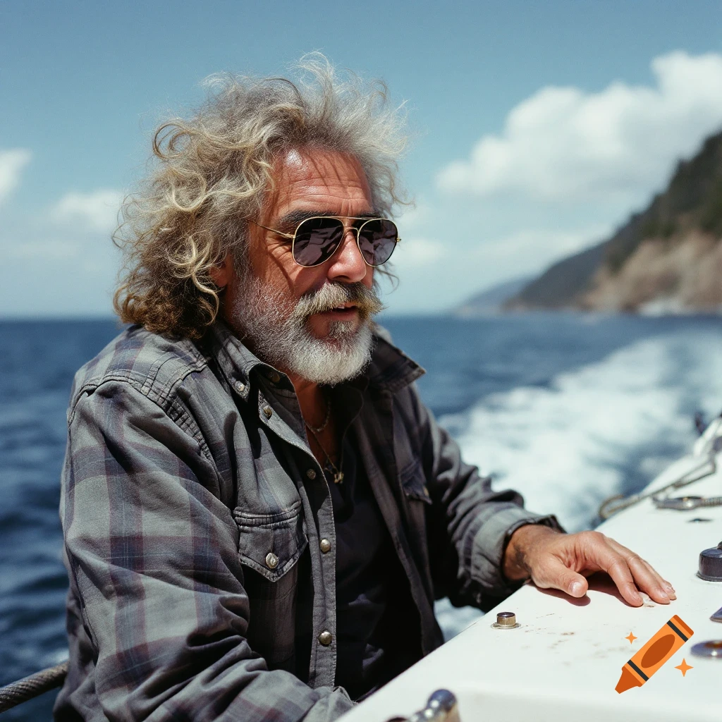Photorealistic portrait of a man resembling Jerry Garcia on a boat at sea.