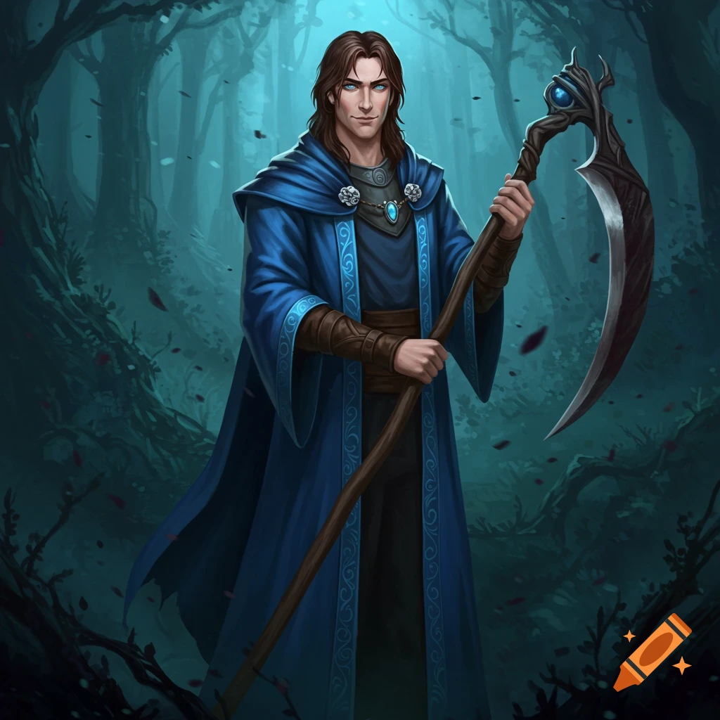 Fantasy art of a man in a blue robe holding a scythe in a dark forest.