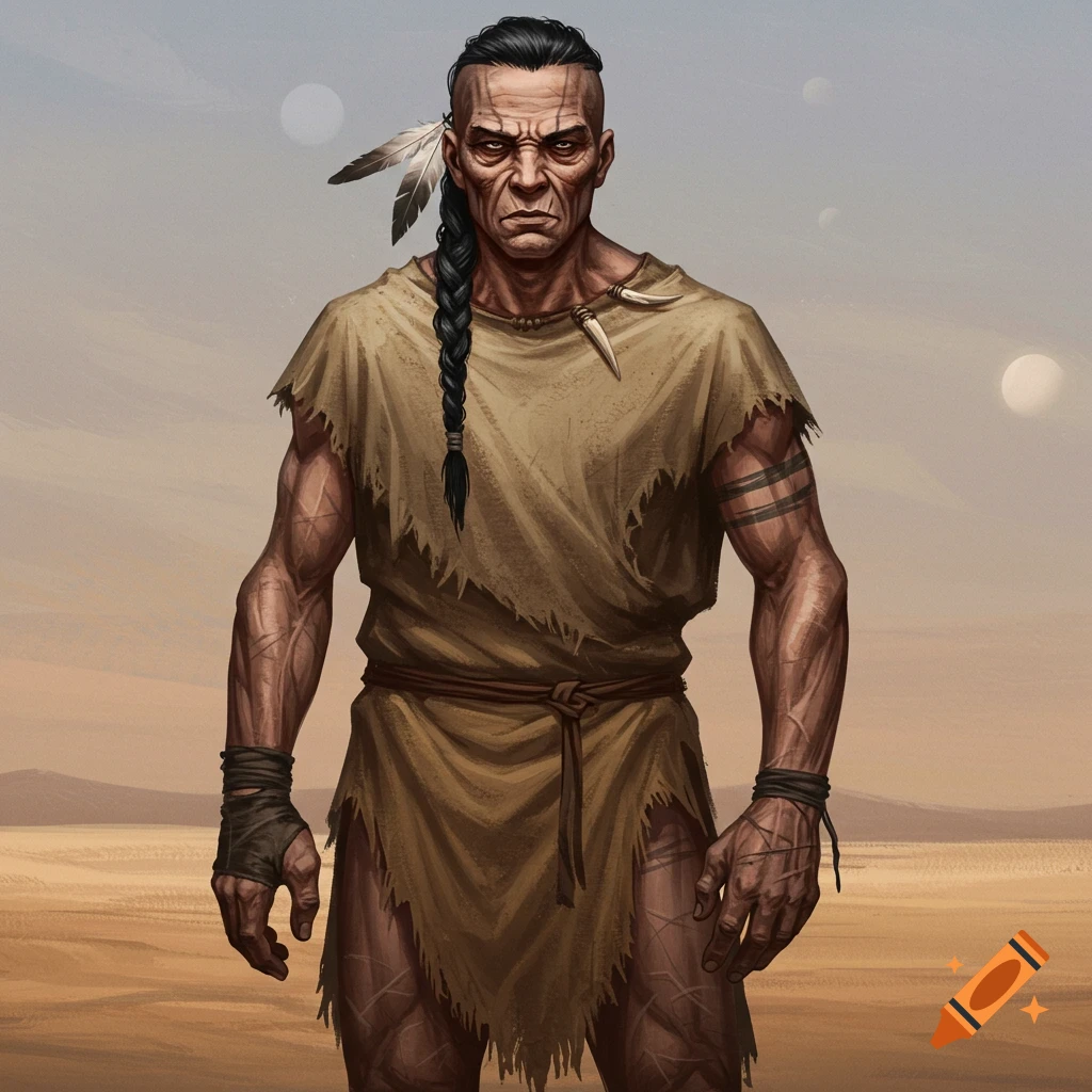 A weathered fantasy warrior with a braid and feathers stands in a desert.