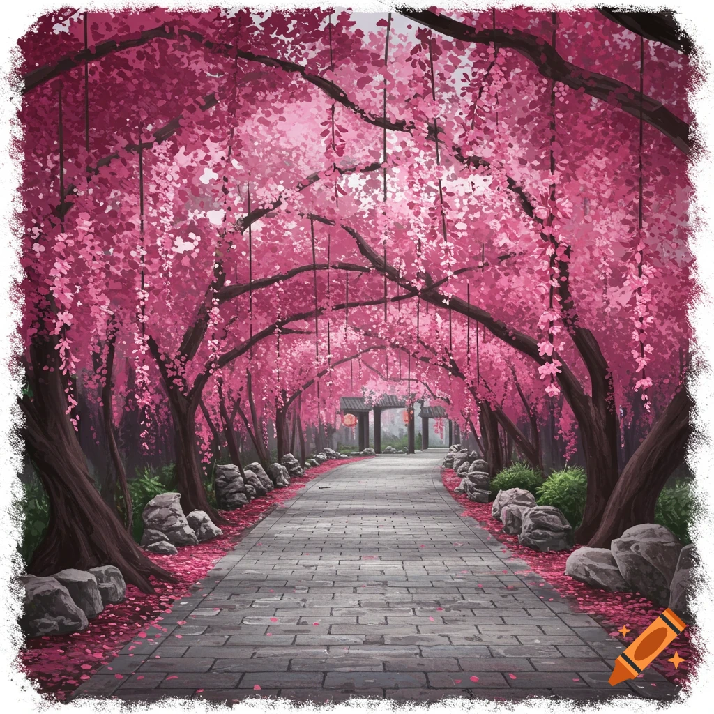 A stone path leads through an archway covered in abundant pink hanging flowers under an overcast sky.