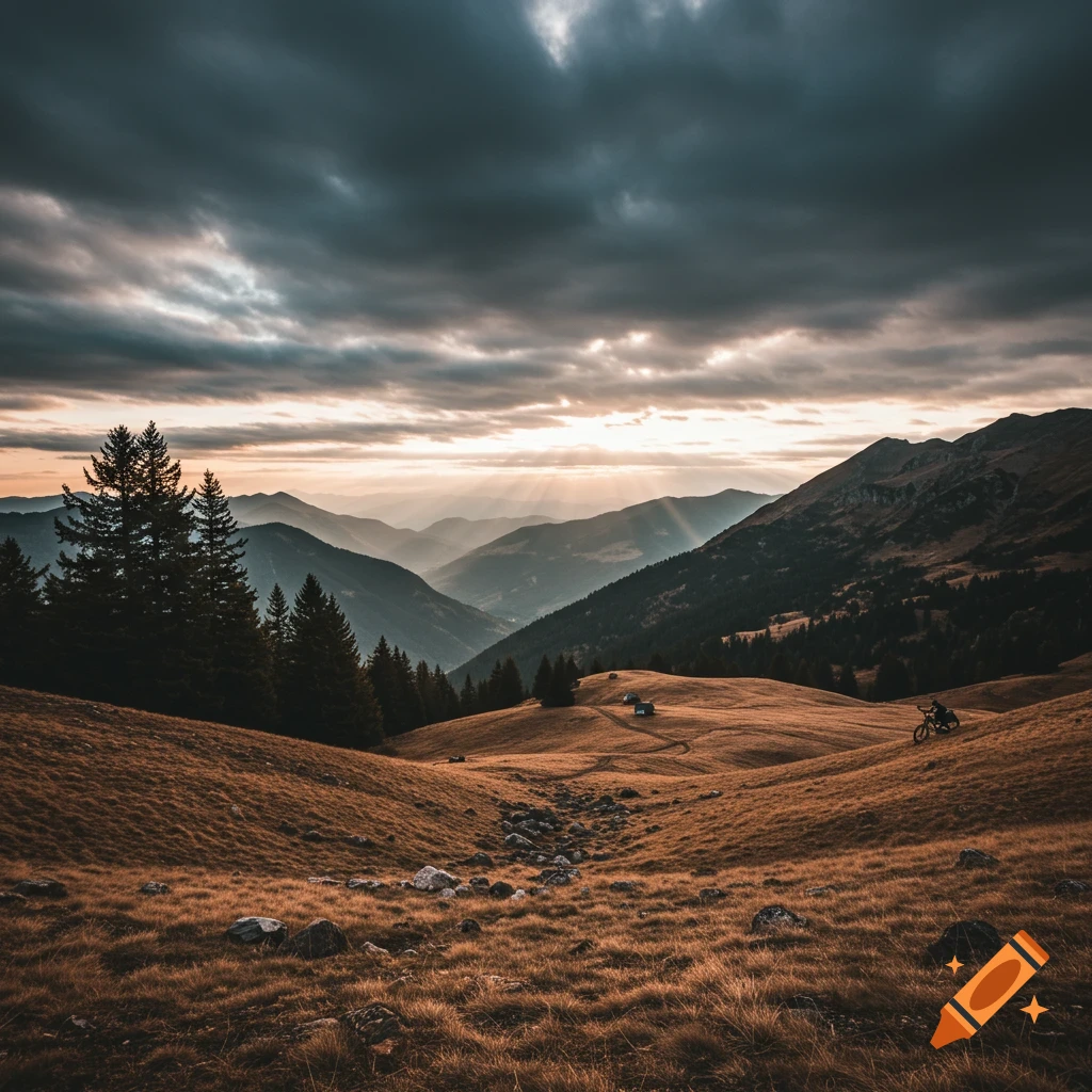 Scenic mountain landscape with a person biking on a grassy hill at sunset.
