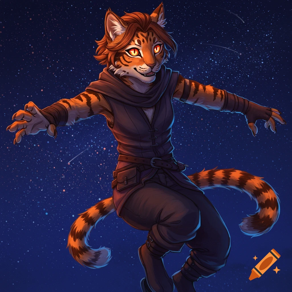A furry fantasy character, a Tabaxi rogue, leaps against a starry night sky.