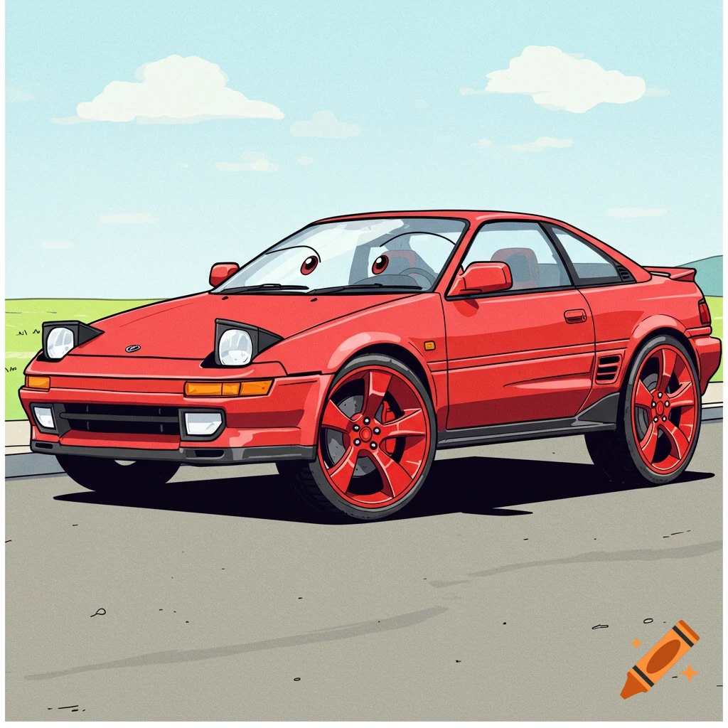 Cartoon red Toyota MR2 with big wheels and eyes on windshield parked on road.