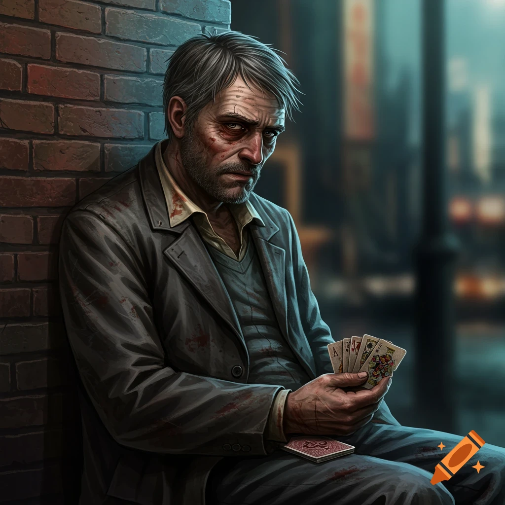 An illustration of a weathered man holding playing cards, leaning against a brick wall in a dark city alley.
