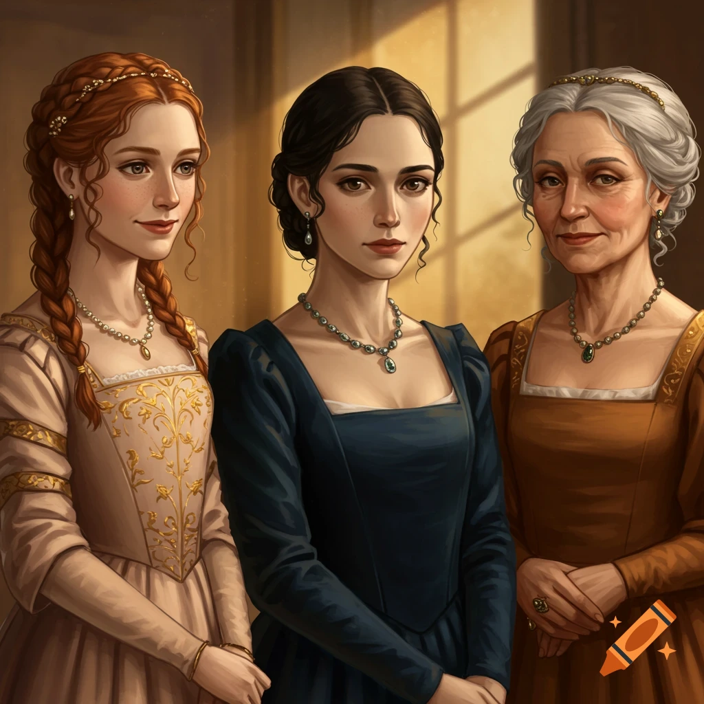 Three women in renaissance dresses pose for a portrait.