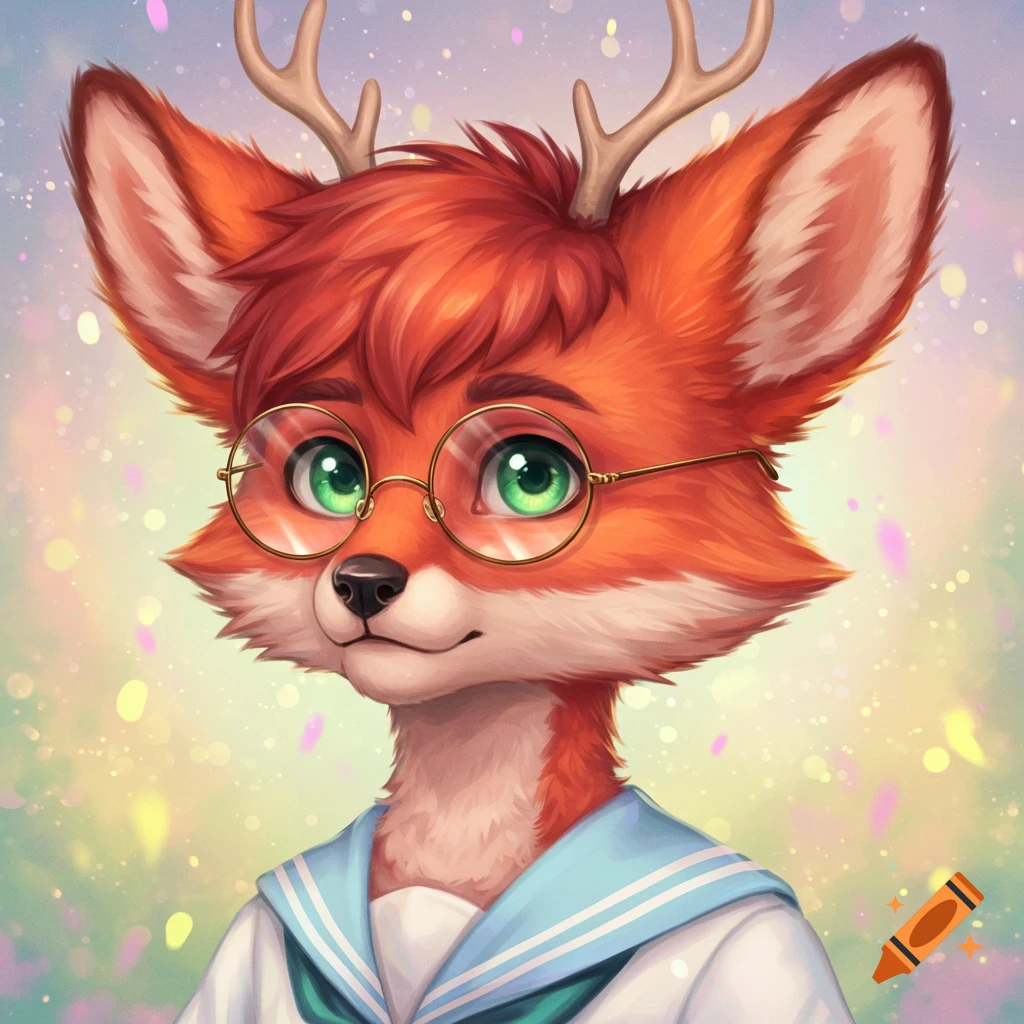 Anime style illustration of an anthropomorphic fox and deer hybrid wearing glasses and a sailor collar.