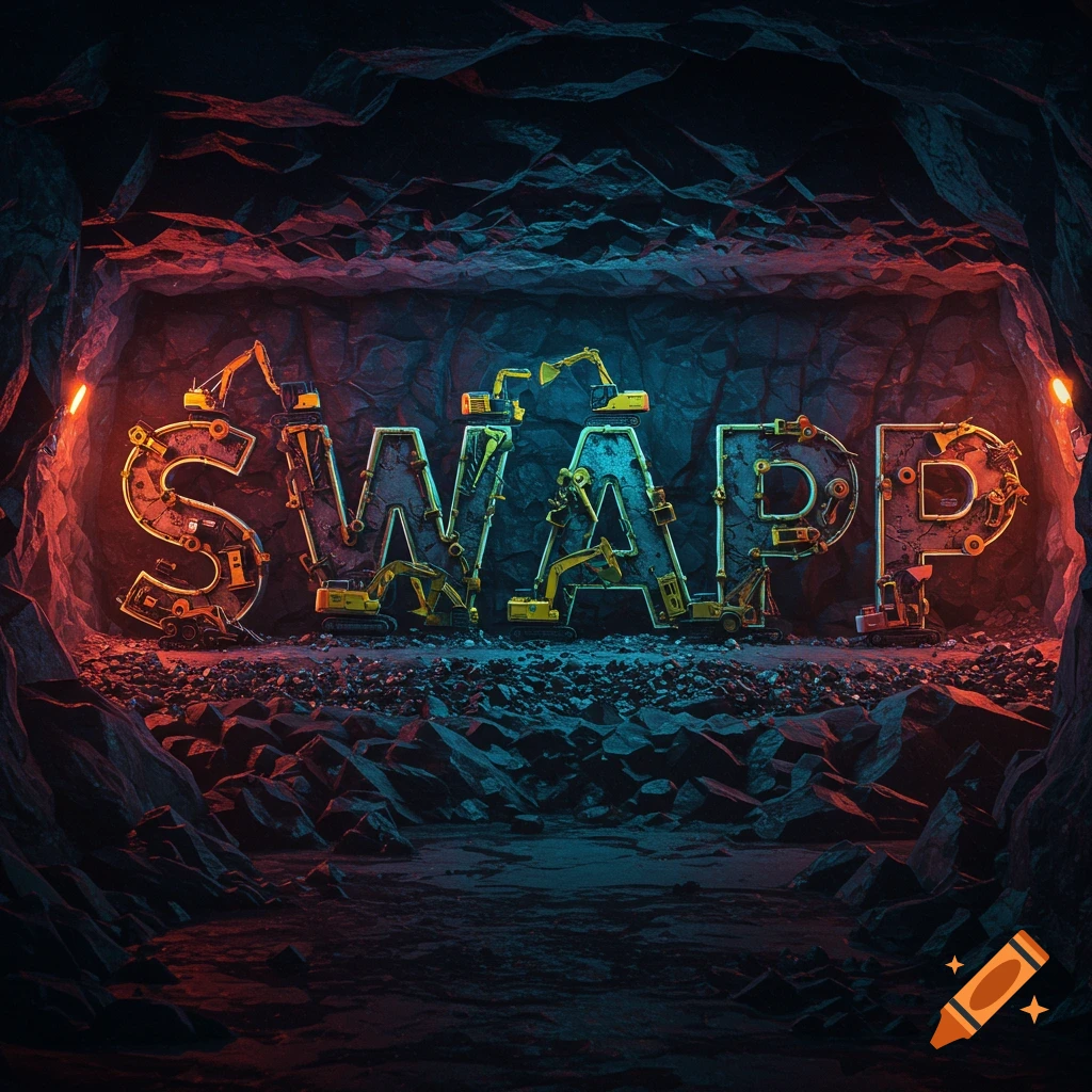 The word SWAPP formed by mining equipment and machinery inside a dark cave, lit by red and blue lights.