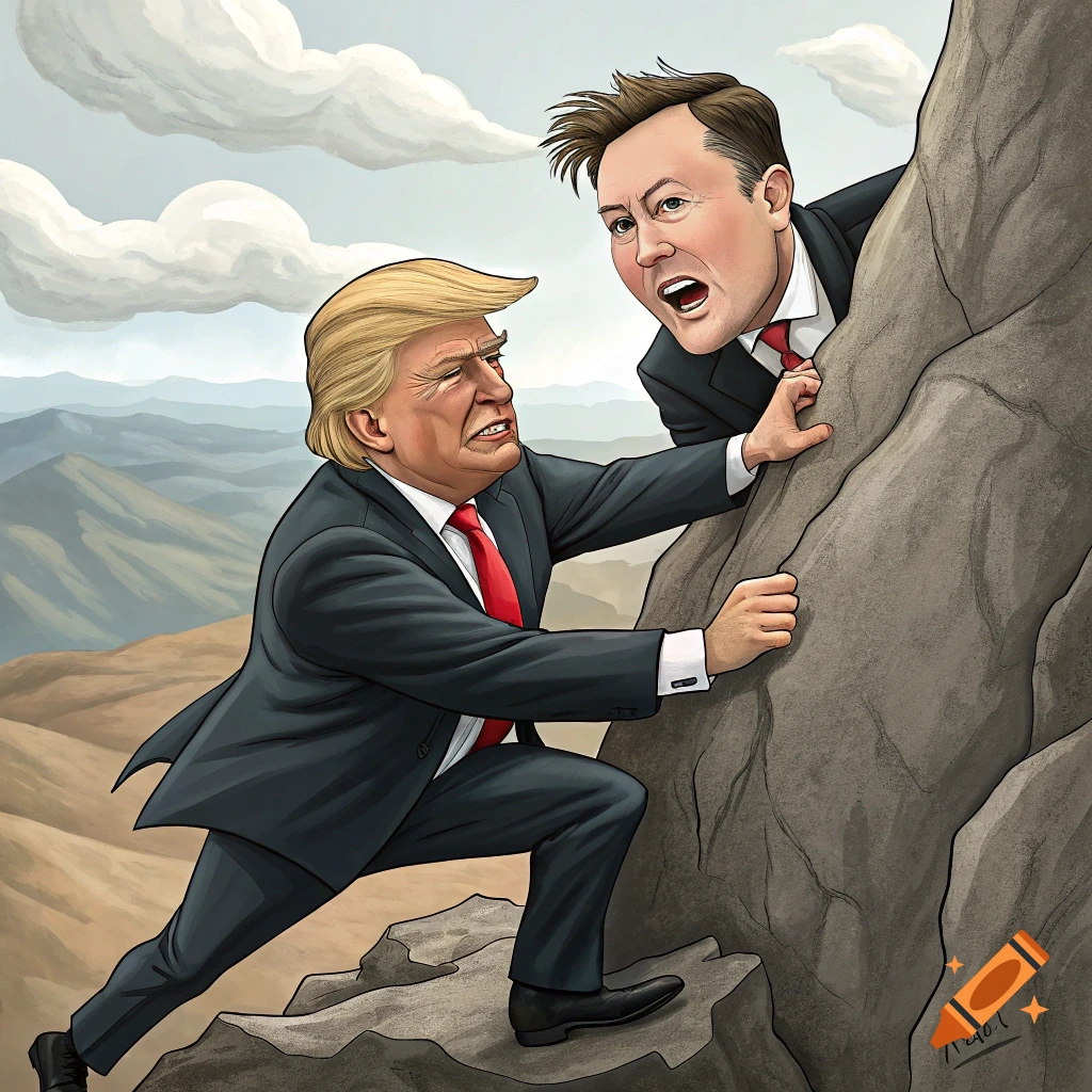 Caricature of Donald Trump and Elon Musk climbing a rock face.