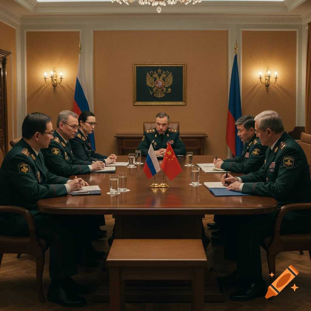 Military leaders from Russia and China sit at a large table with flags.