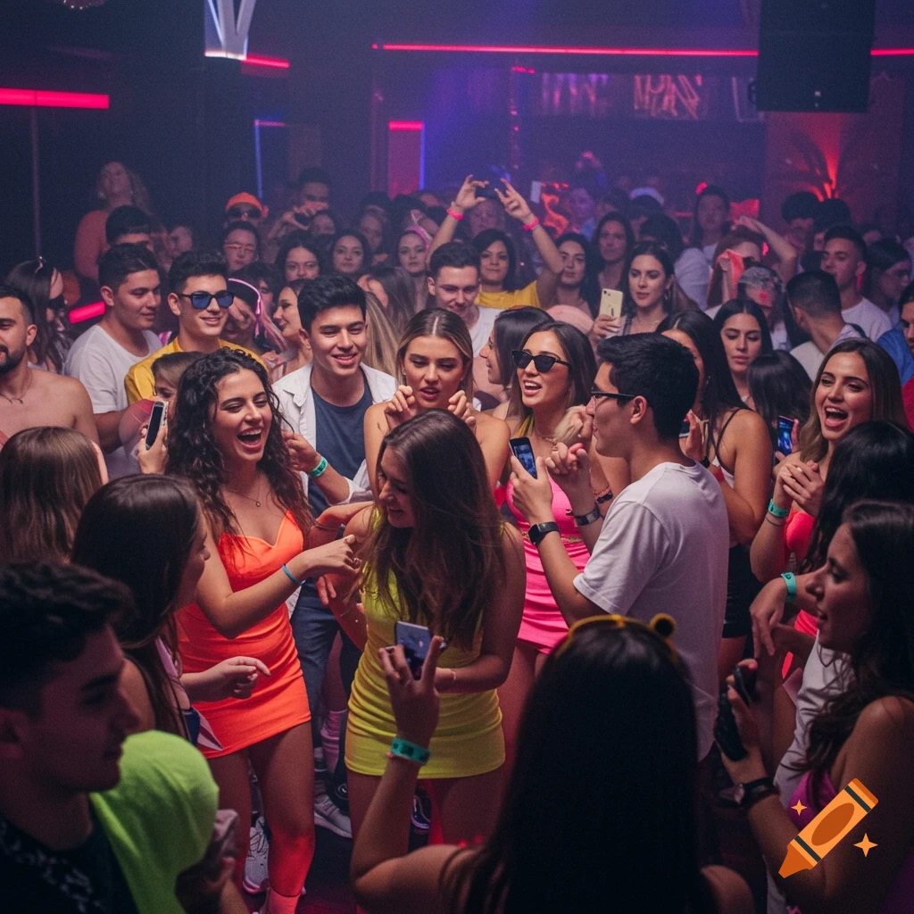 Crowd of young people dancing and holding phones in a dark club with red lights.