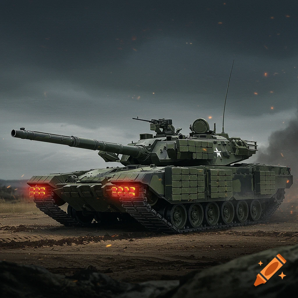A military tank sits on a dirt battlefield under a dark, cloudy sky with glowing red lights on its front.