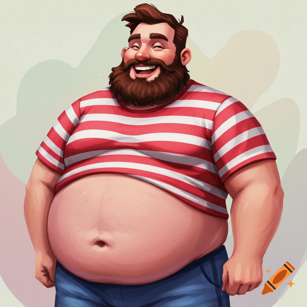 Cartoon illustration of a smiling stout man with a beard wearing a striped shirt and jeans.