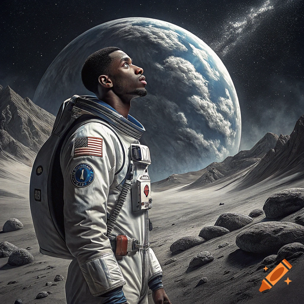 An astronaut stands on the moon looking up at a large planet in the sky.