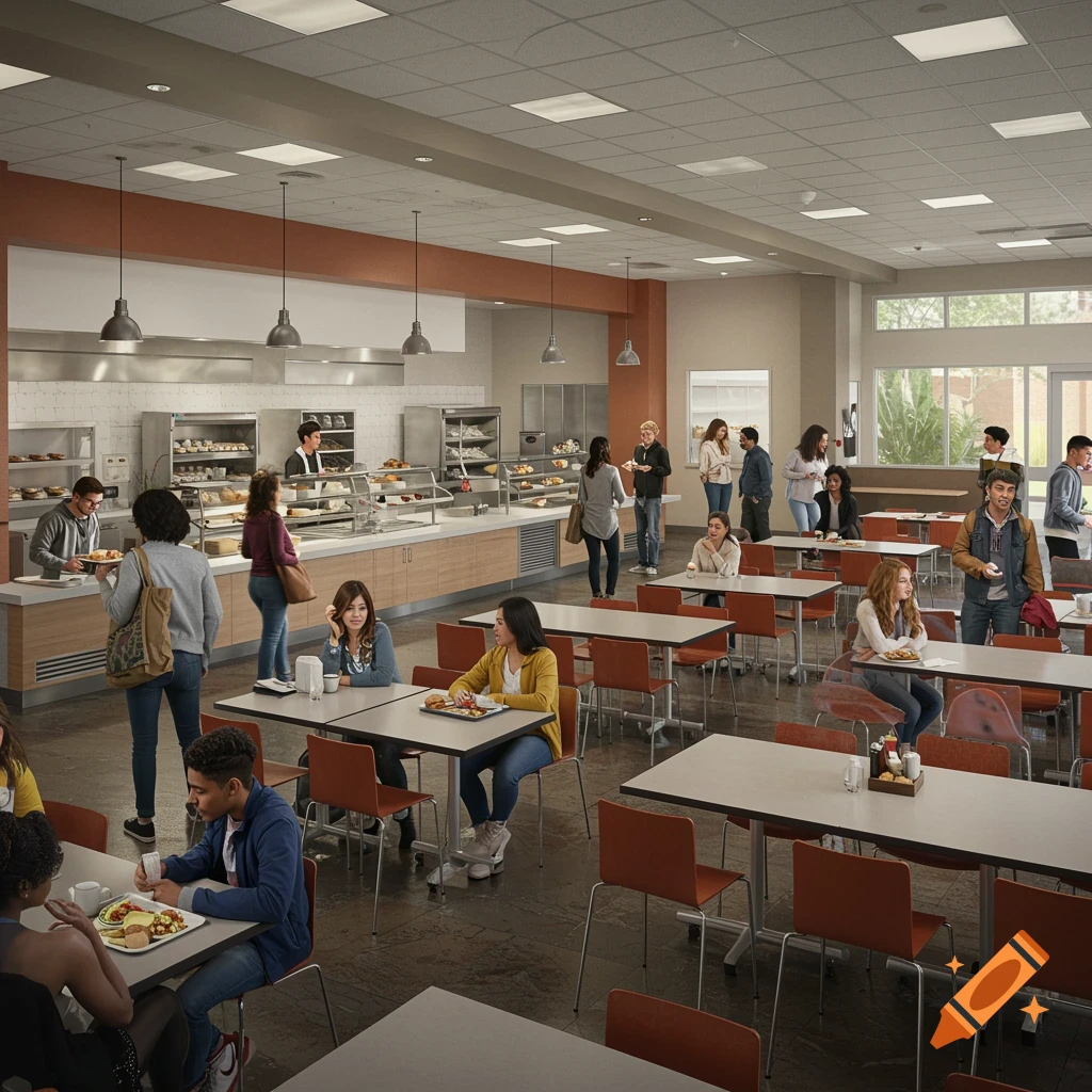 A realistic image of a school cafeteria filled with students sitting at tables and getting food.