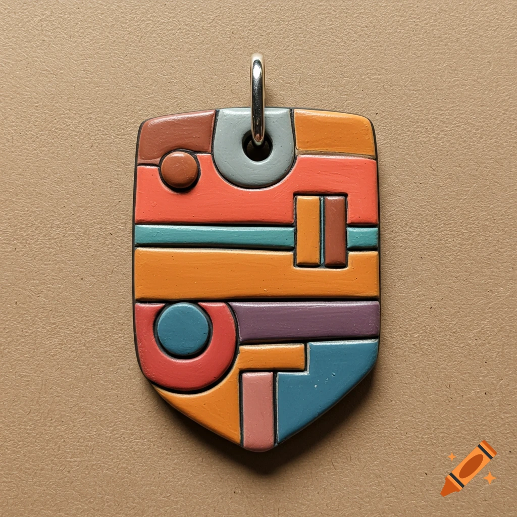 A modern colorful clay pendant with geometric shapes on a brown background.
