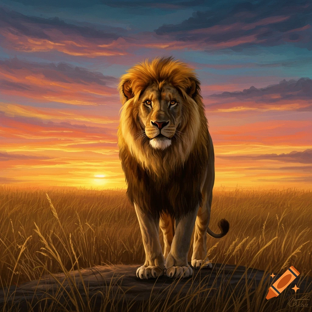 A male lion stands on a rock in a field of tall grass at sunset. The sky is a vibrant mix of orange, red, and purple clouds.