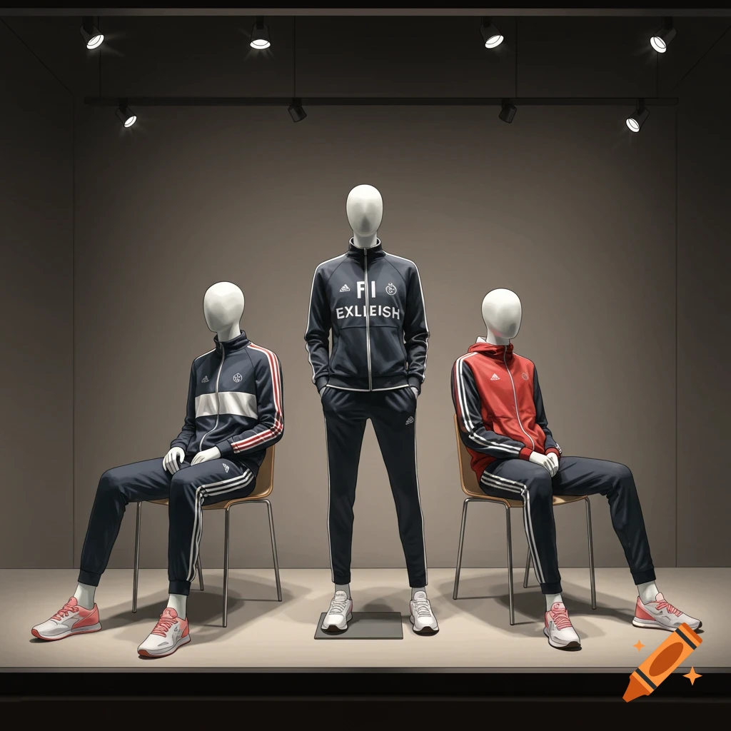 A store window display featuring three mannequins wearing athletic suits, one standing and two sitting.