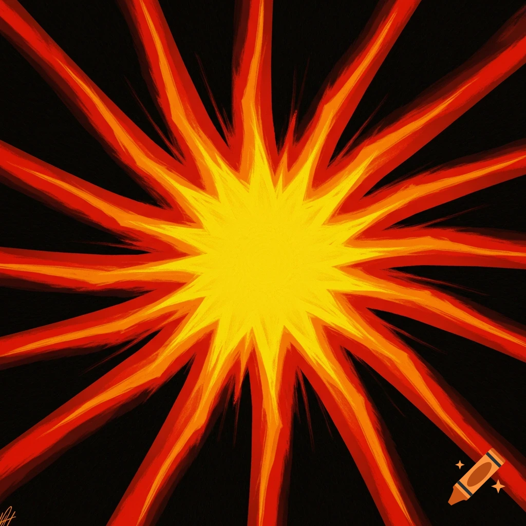 Abstract yellow starburst with orange and red rays on a black background.