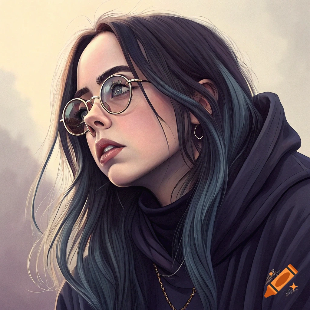 Digital art portrait of a young woman with dark hair, blue streaks, glasses, and a dark hoodie.