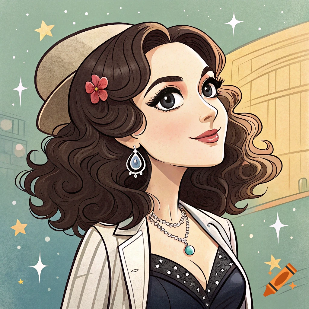 Cartoon portrait of a woman in a hat, jacket, and jewelry, in the style of Monica Bellucci.