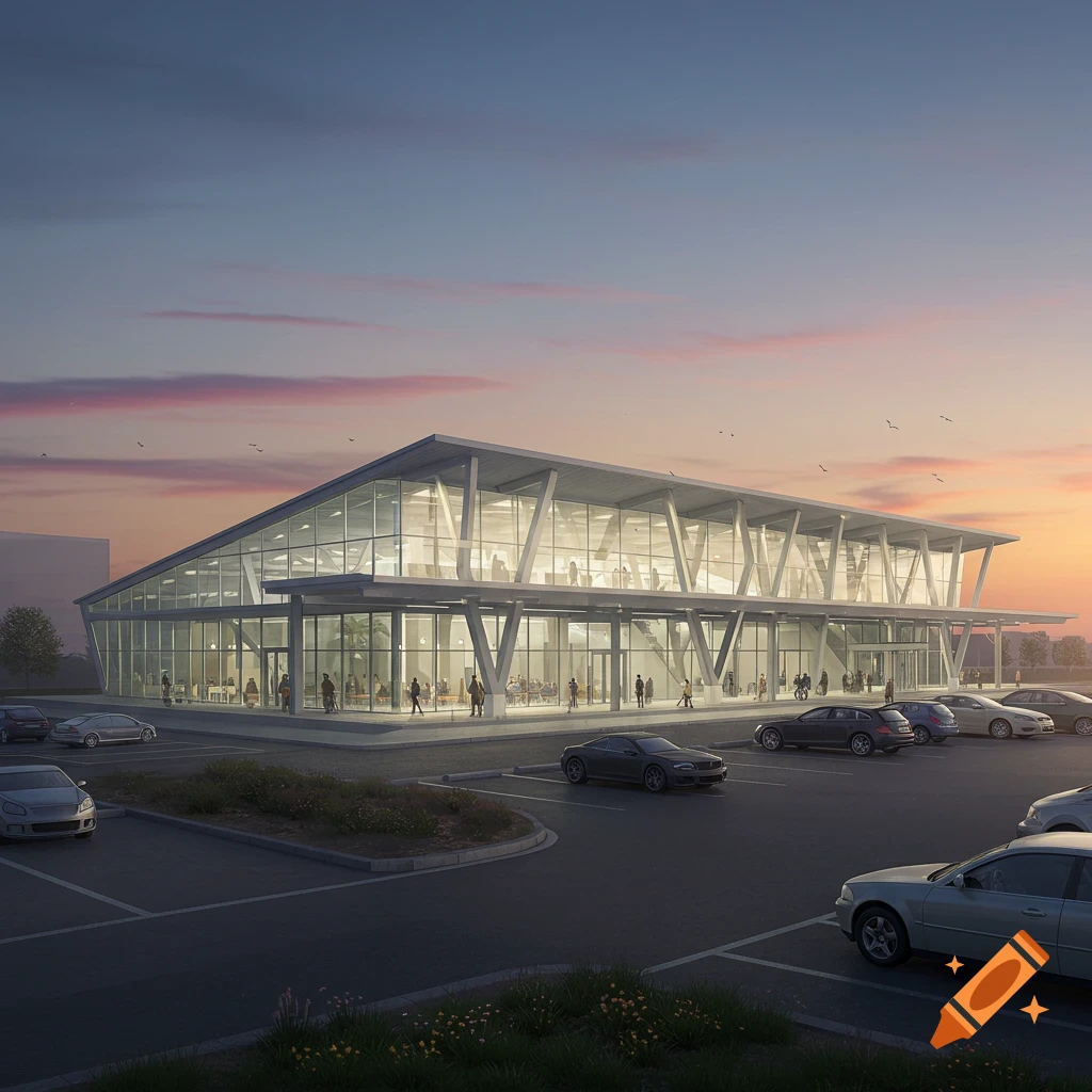 A modern building with a glass facade and distinctive roof, seen from a parking lot at sunset.