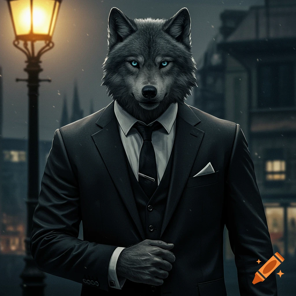 A wolf-headed figure in a suit stands under a lamppost at night.