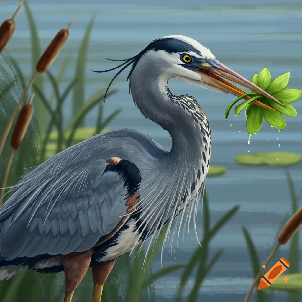 A great blue heron stands in water among reeds, holding a green plant in its beak.
