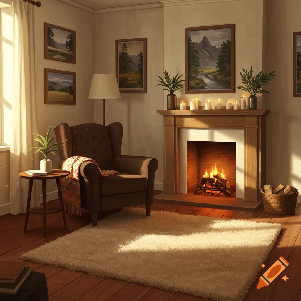 A cozy living room with a lit fireplace, armchair, and rug illuminated by warm sunlight.
