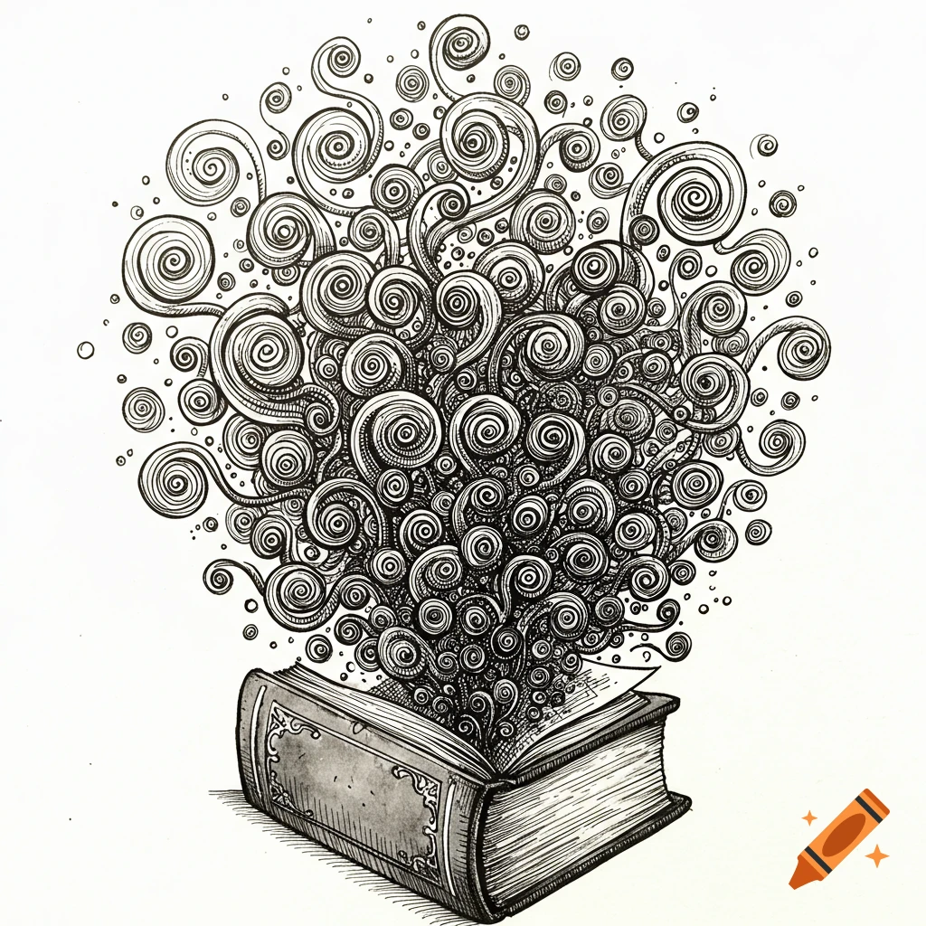 A pen and ink illustration of an open book with abstract spirals flowing out.