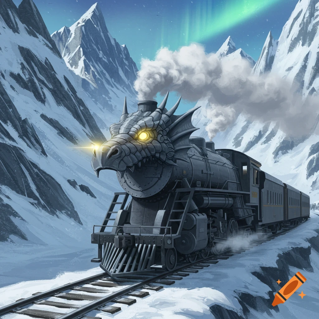 An illustration of a train with a dragon's head engine traveling through snowy mountains under green aurora.