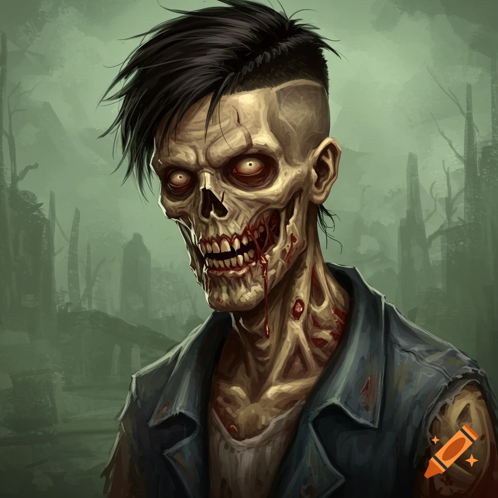 An illustration of a zombie with a low taper fade haircut, dripping blood, against a desolate background.