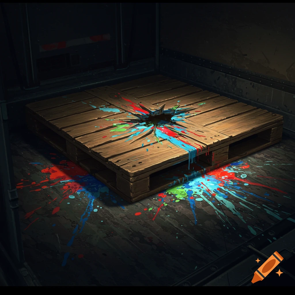 A wooden pallet splattered with colorful paint lies in a dark room.