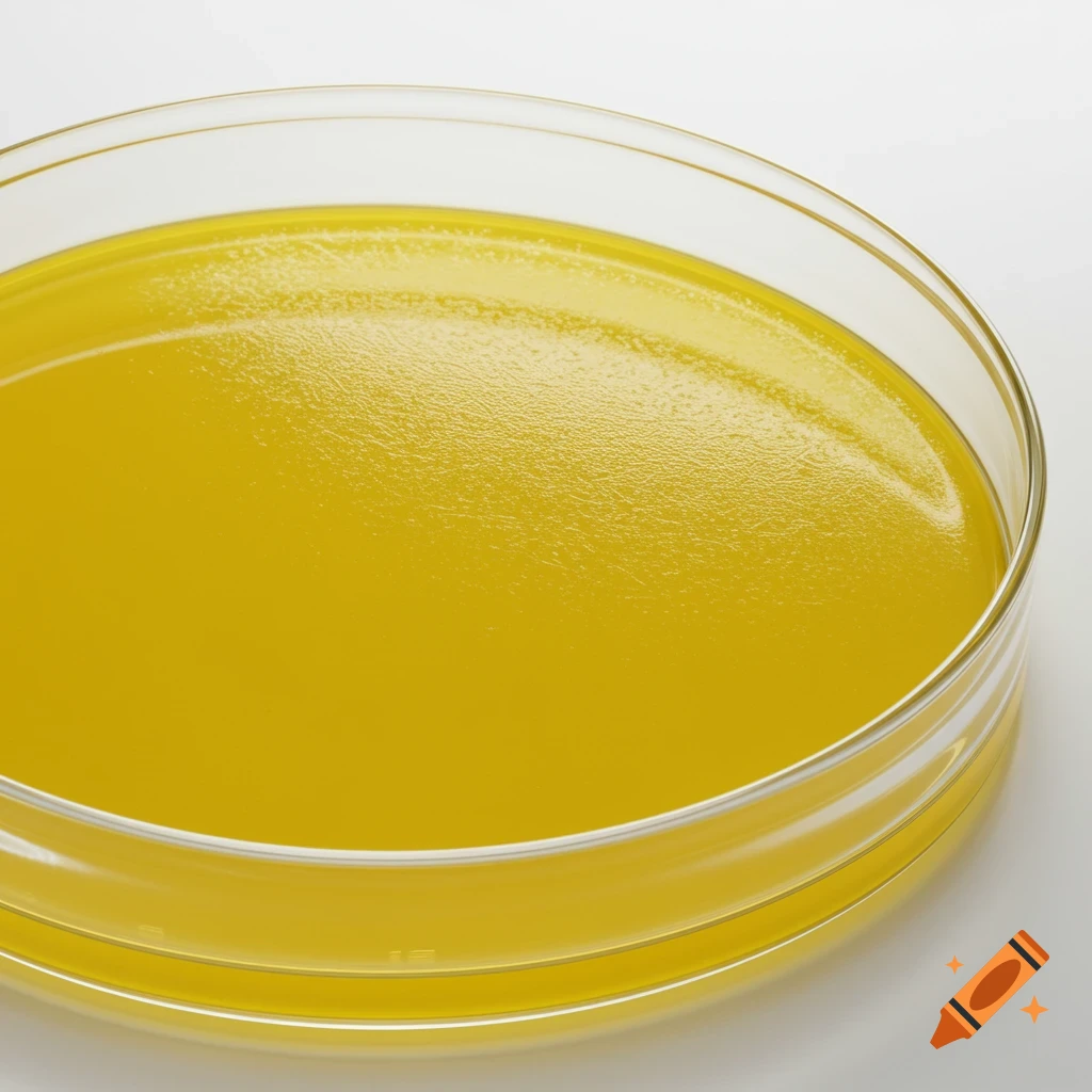 Close-up of a Petri dish containing a yellow substance.