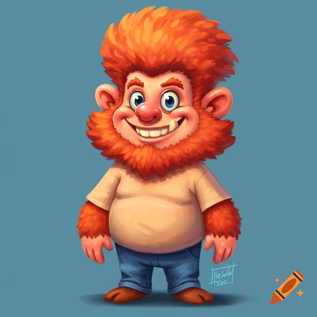 A stylized cartoon character with bright orange hair and beard, wearing a t-shirt and jeans, smiling broadly.