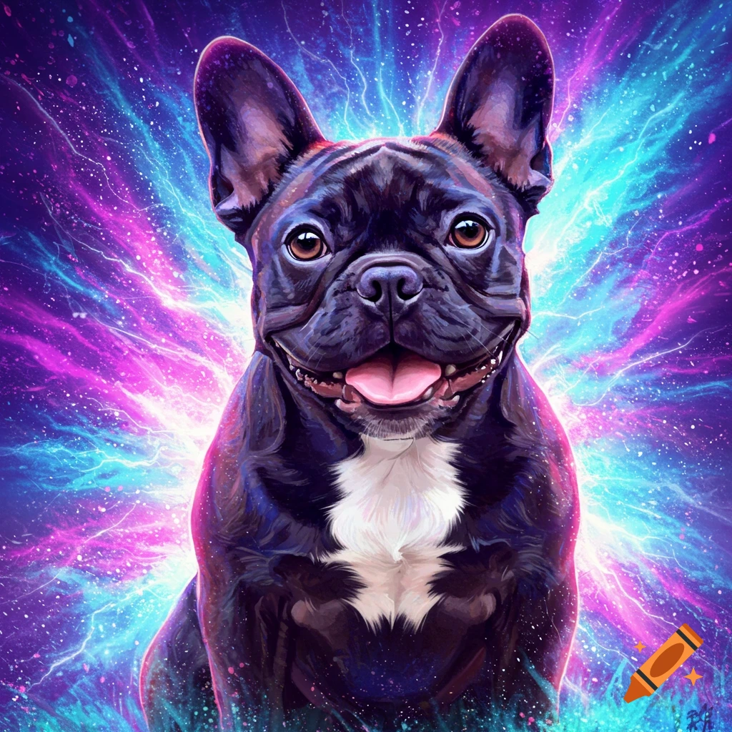 Black French bulldog with white chest patch against a vibrant psychedelic background.