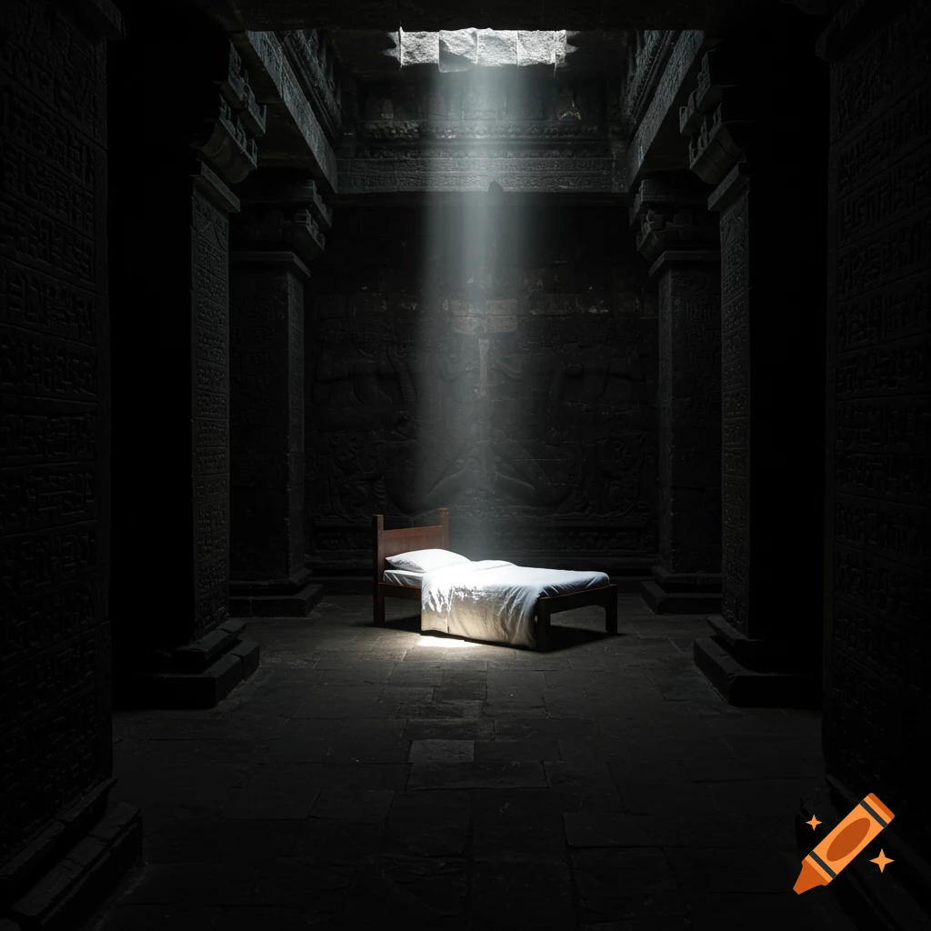 A bed illuminated by a beam of light in the center of a dark, stone temple. Photorealistic style.