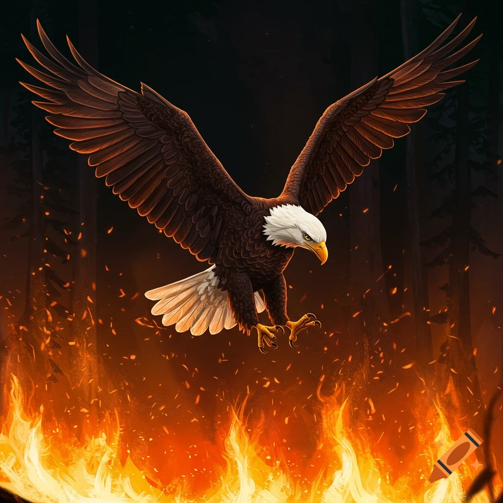 A bald eagle with wings spread wide flies low over intense flames and embers with dark forest trees in the background.