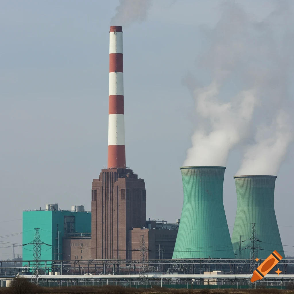 A photorealistic image of a power plant with a tall red and white striped chimney and two large green cooling towers emitting steam.