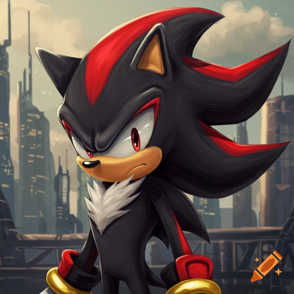 Shadow the Hedgehog stands in front of a city skyline in a stylized manner.