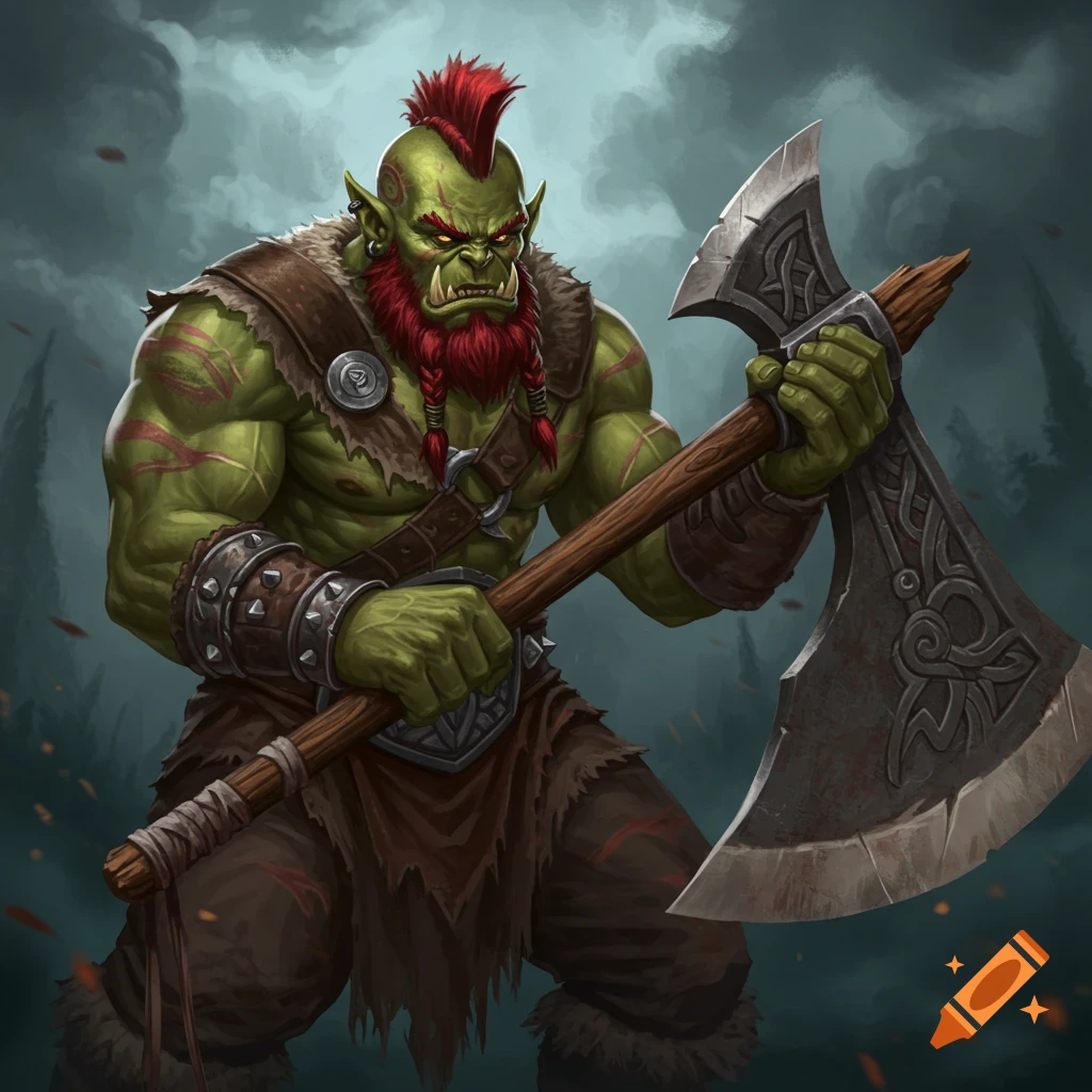Green-skinned orc barbarian with red mohawk and beard holding a large axe in a fantasy illustration.