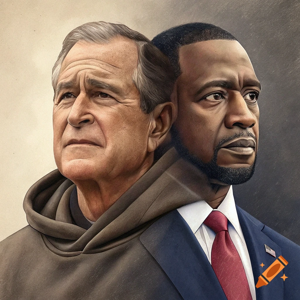 Stylized composite portrait illustration blending the faces of George H.W. Bush and George Floyd.