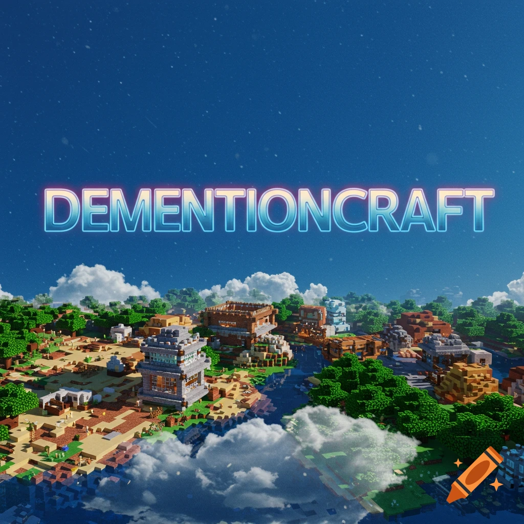 Minecraft landscape with buildings and trees under a blue sky, title text Dementioncraft