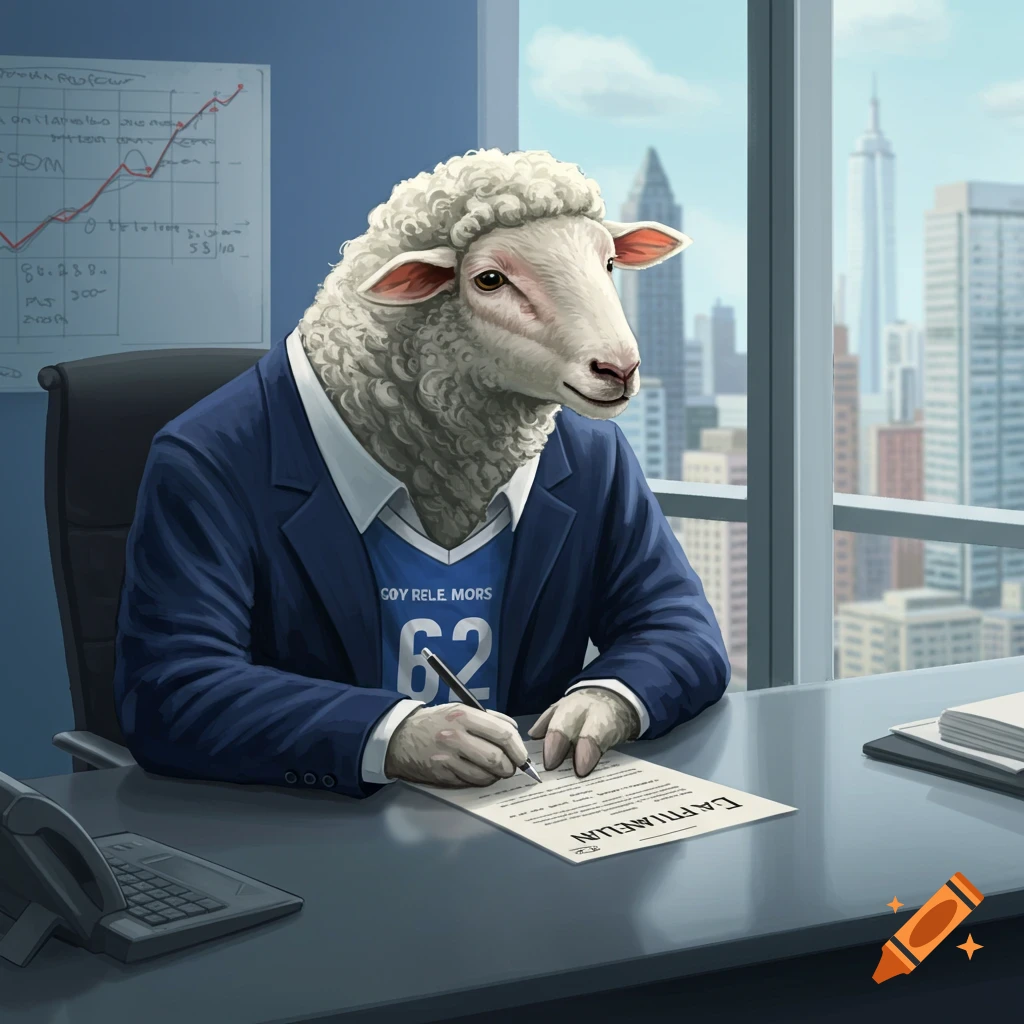 A sheep wearing a suit sits at a desk in an office signing a document.