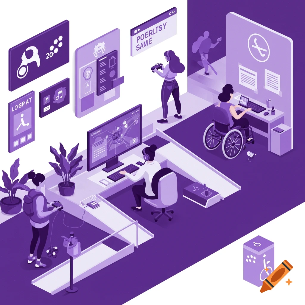 Isometric illustration shows people gaming or developing with accessible technology, including a woman in a wheelchair. Purple and white.