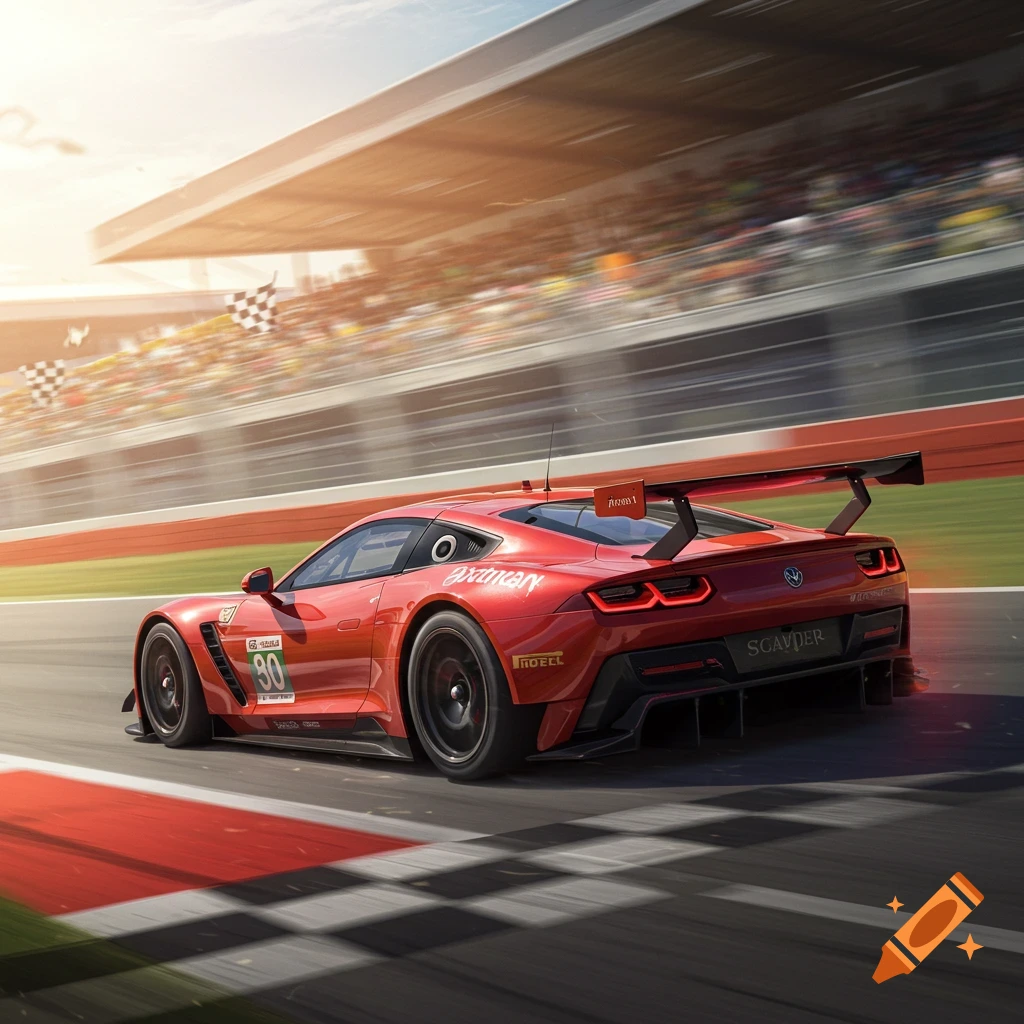 A red race car speeds towards the finish line on a track, seen from behind, with stadium seating in the background.